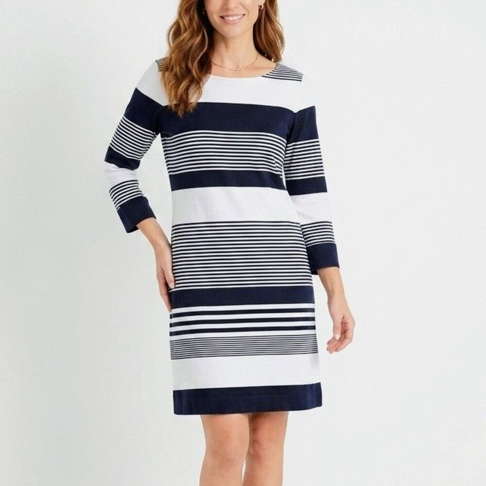 LILLY PULITZER Dress Blue/White Stripes Marlowe Pima Cotton 3/4 Sleeve Women M